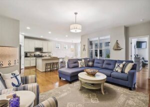 The living area of a Millville rental to relax in after visiting Holts Landing State Park.